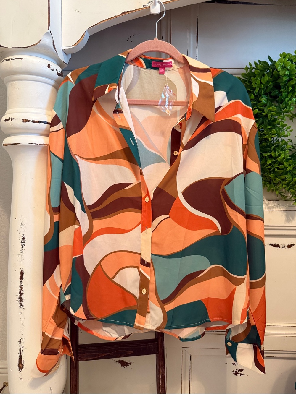 Flying Tomato Wave Print Button-Down Shirt - Teal, Orange, Brown, Cream
